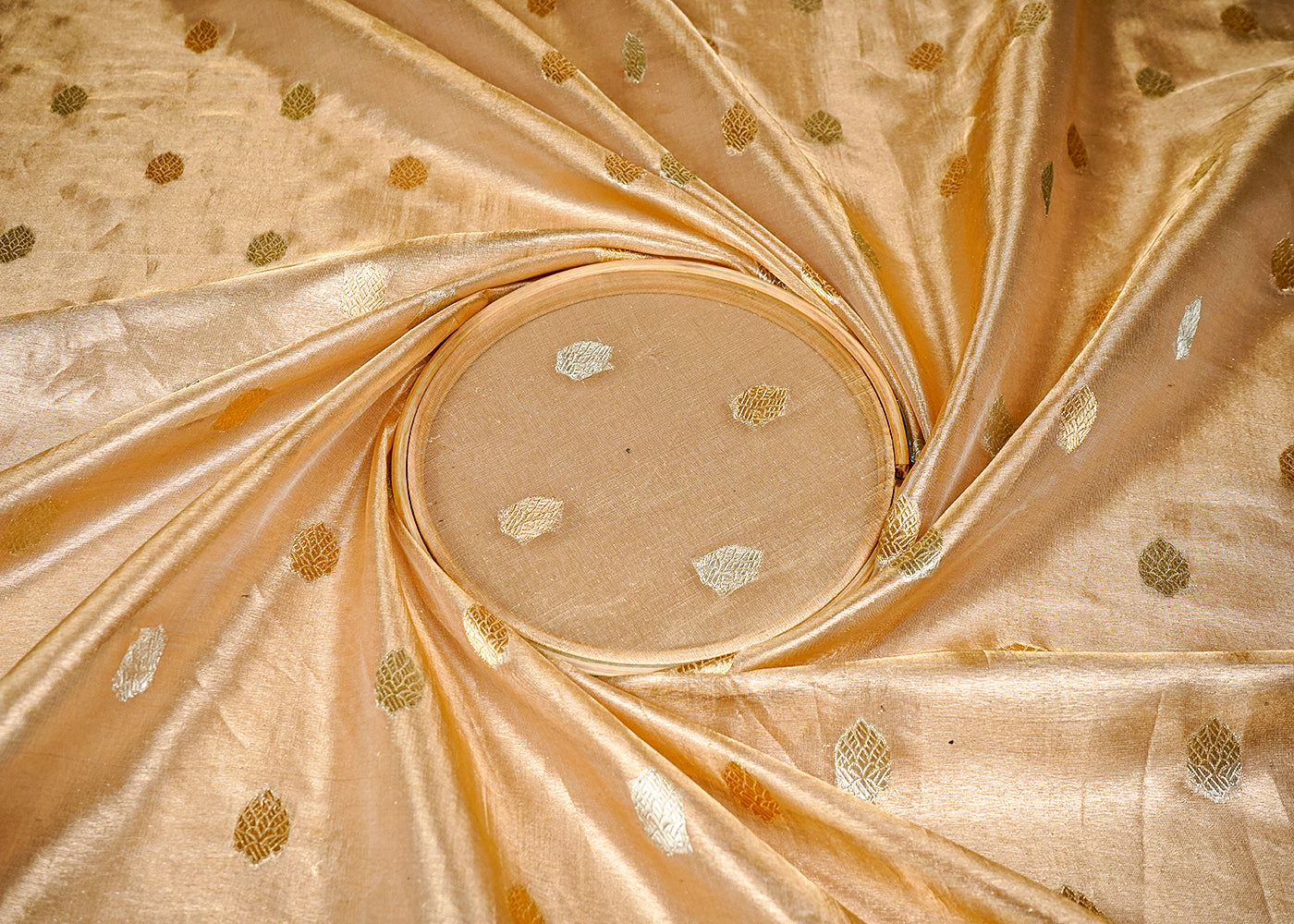 Golden Pure Tissue Fabric With Allover Silver And Golden Buti Work 16250