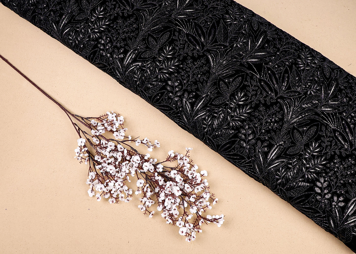 Black Velvet Fabric With All Over Thread And Sequins Work 16269