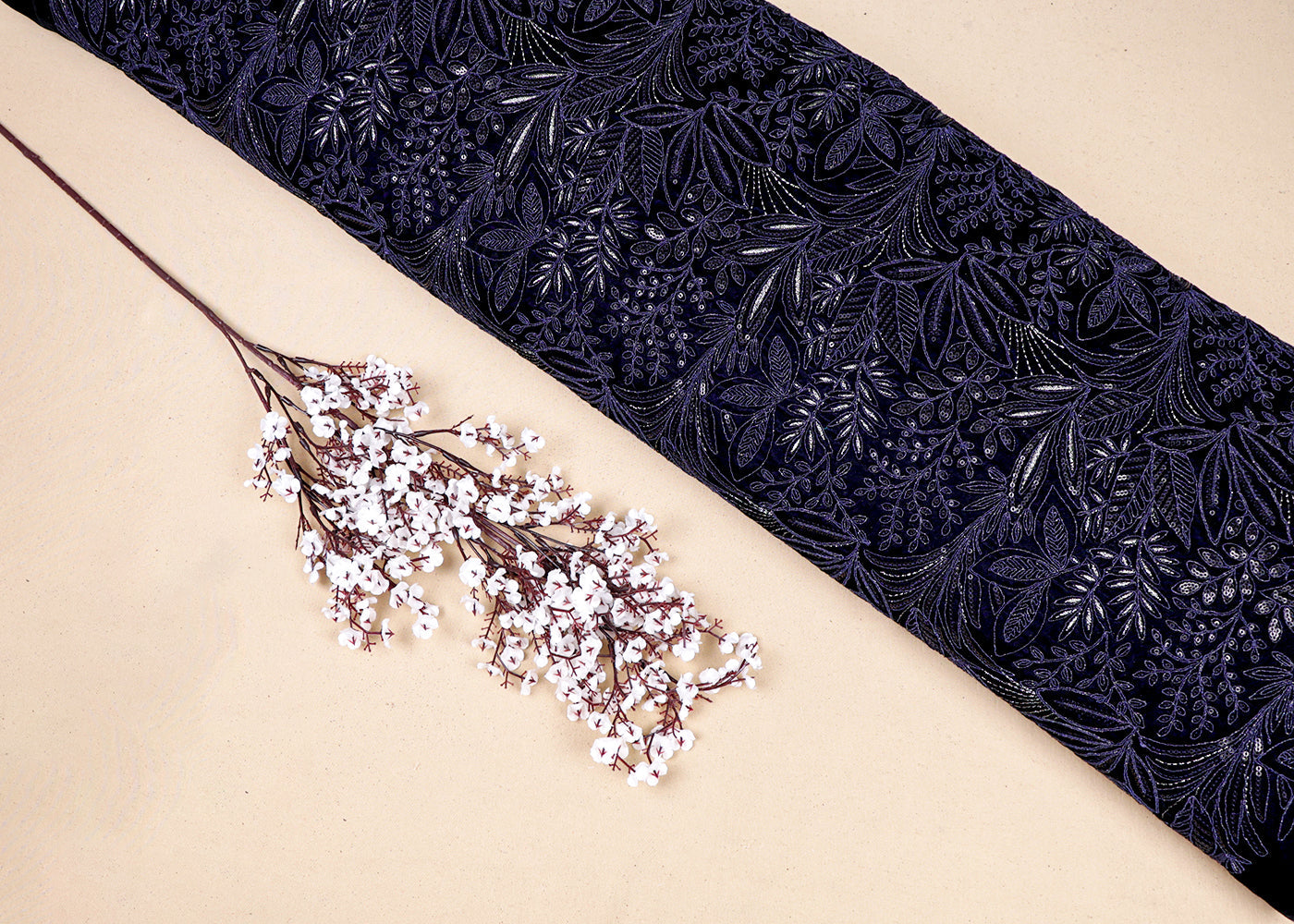 Navy Blue Velvet Fabric With All Over Thread And Sequins Work 16270
