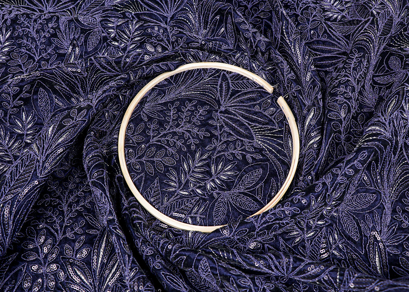 Navy Blue Velvet Fabric With All Over Thread And Sequins Work 16270