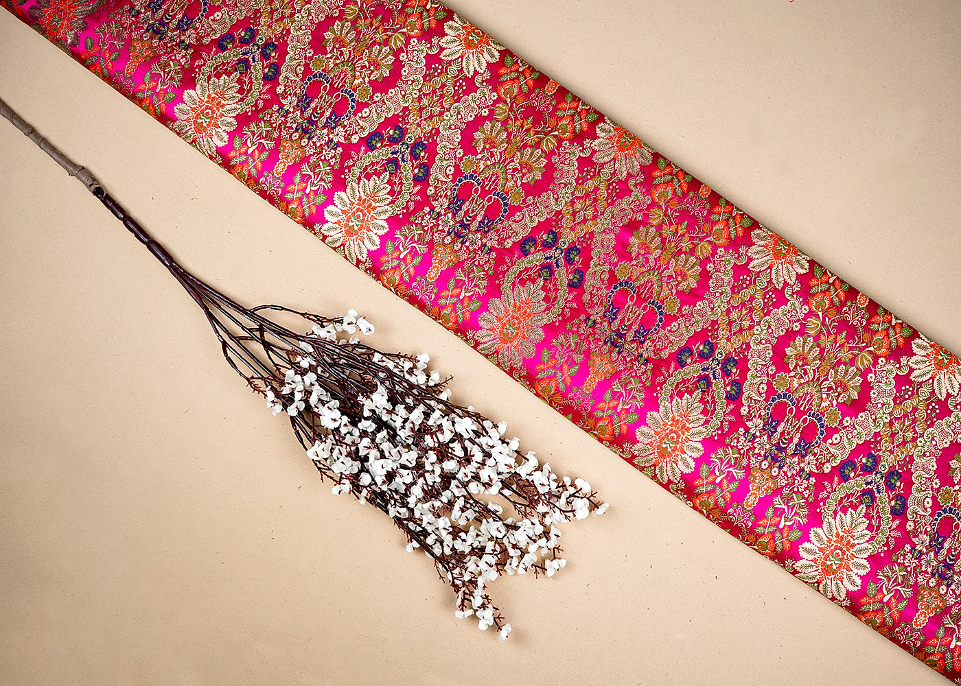 Pink Banarasi Brocade Fabric With Allover Zari, Thread And Swarovski Handloom 16271