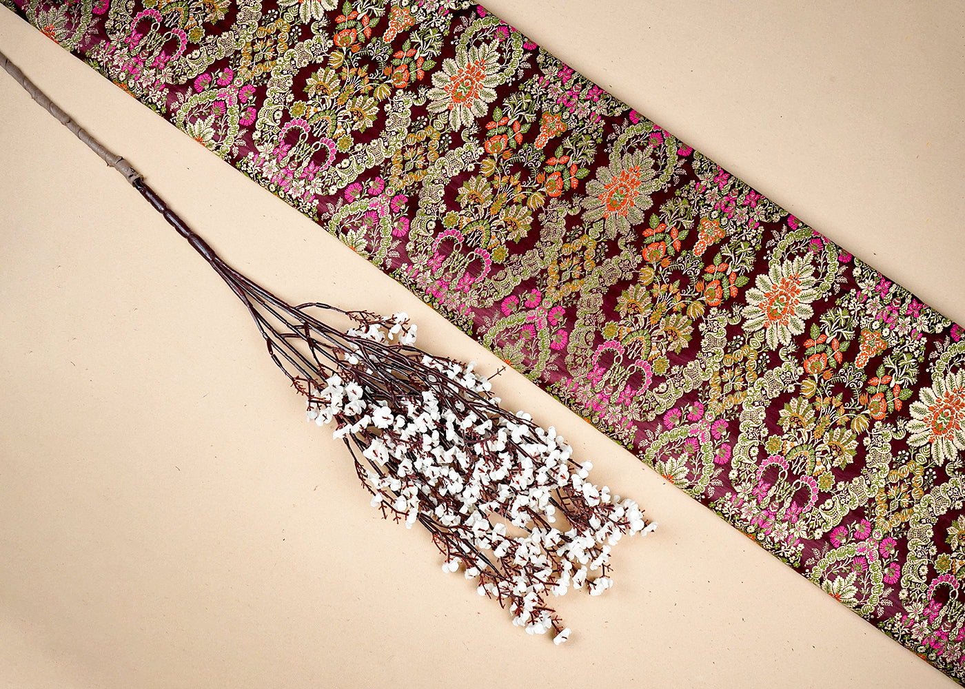 Wine Banarasi Brocade Fabric With Allover Zari, Thread And Swarovski Handloom 16272