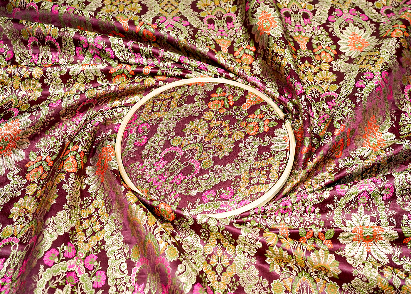 Wine Banarasi Brocade Fabric With Allover Zari, Thread And Swarovski Handloom 16272