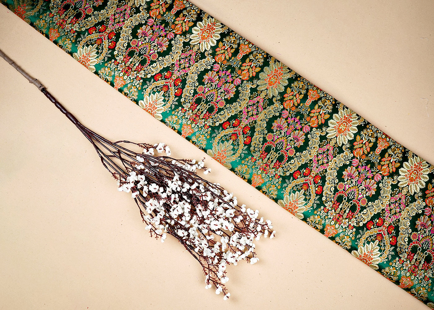Bottle Green Banarasi Brocade Fabric With Allover Zari, Thread And Swarovski Handloom 16273