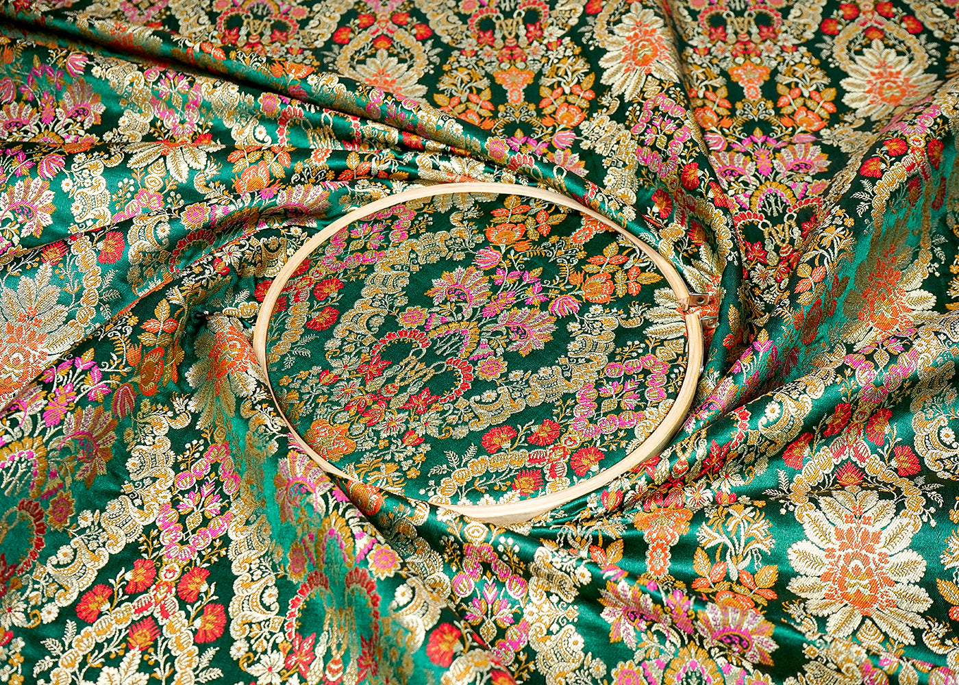 Bottle Green Banarasi Brocade Fabric With Allover Zari, Thread And Swarovski Handloom 16273