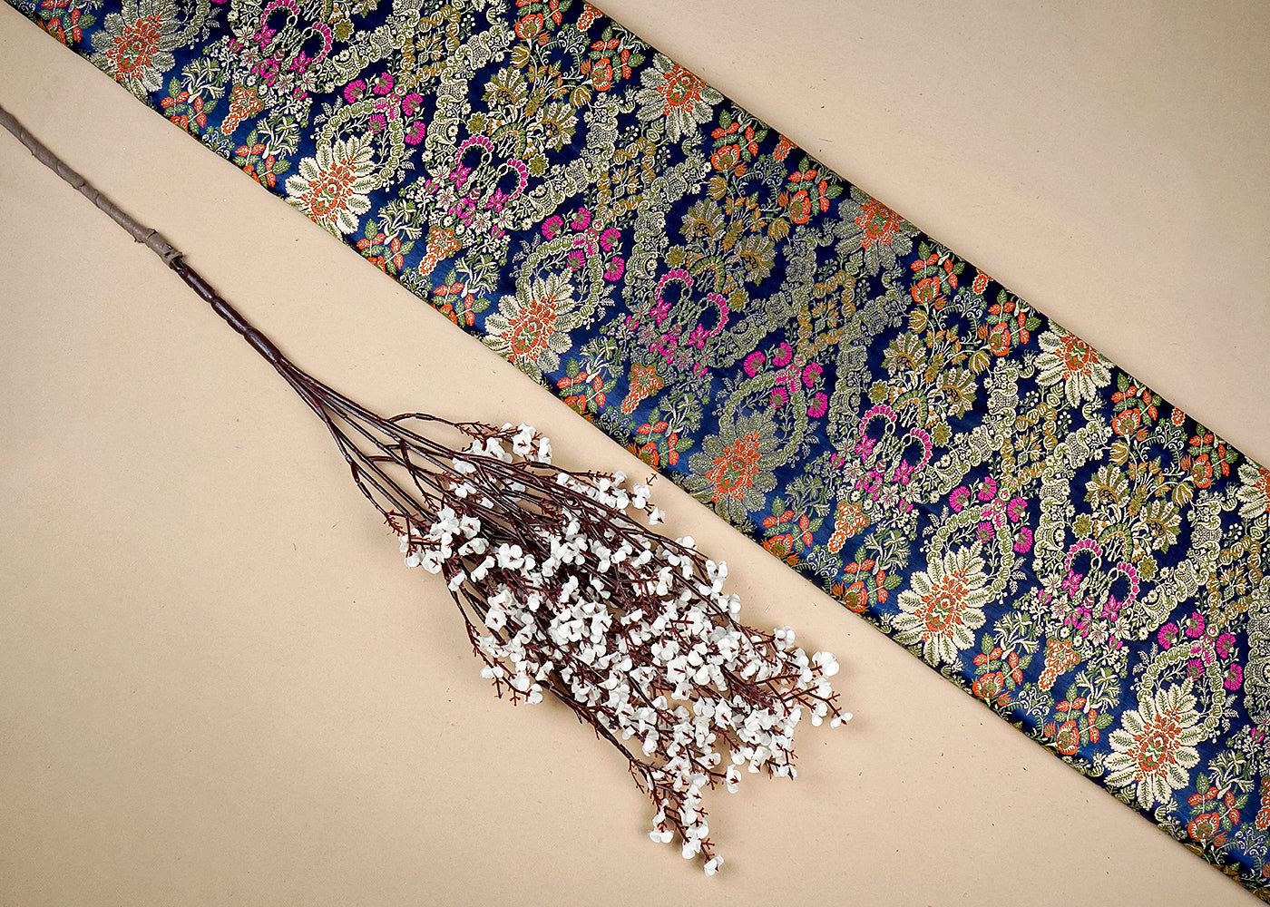 Navy Blue Banarasi Brocade Fabric With Allover Zari, Thread And Swarovski Handloom 16274