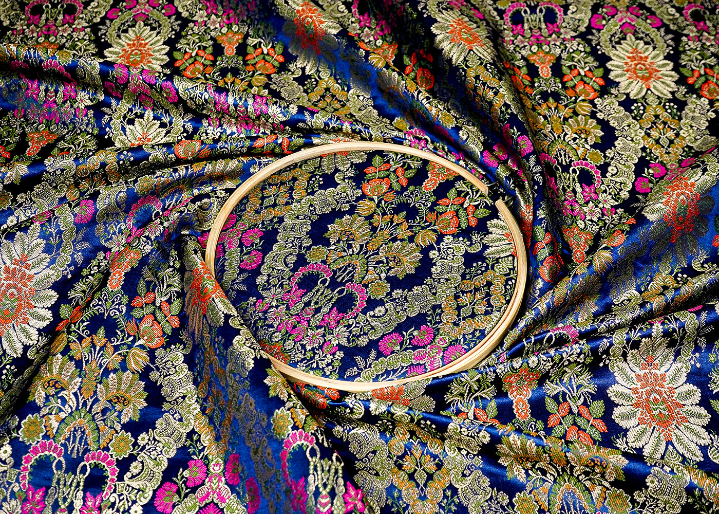 Navy Blue Banarasi Brocade Fabric With Allover Zari, Thread And Swarovski Handloom 16274