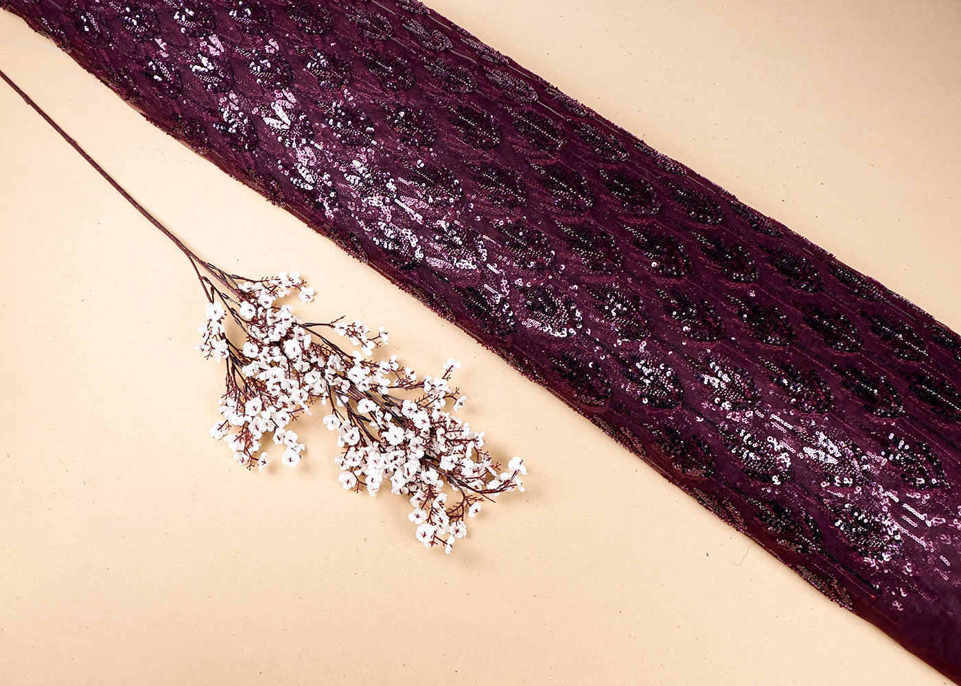 Wine Imported Net Fabric With All Over Sequins And Bead Work 16282