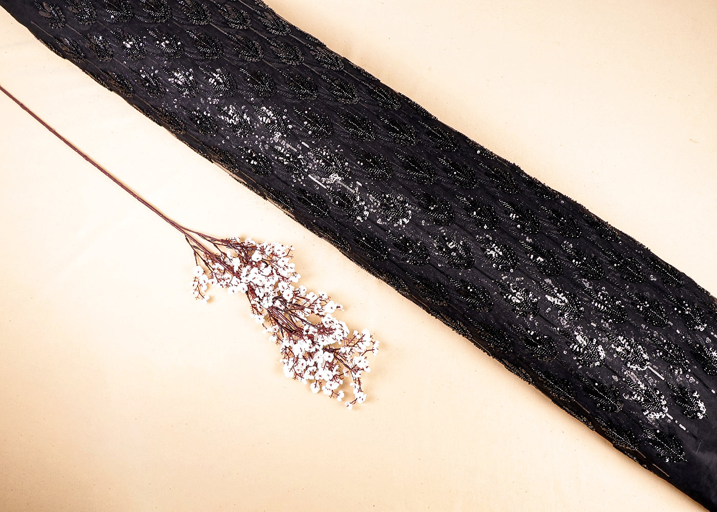 Black Imported Net Fabric With All Over Sequins And Bead Work 16283