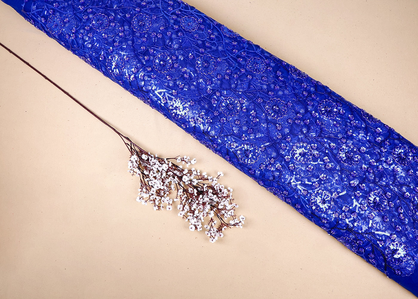 Royal Blue Imported Net Fabric With All Over Sequins And Katdana Work 16284