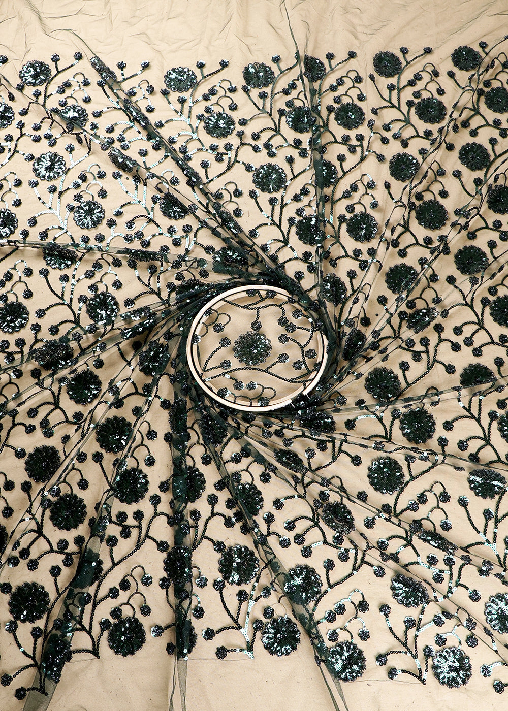 Bottle Green Imported Net Fabric With All Over Sequins And Katdana Work 16285