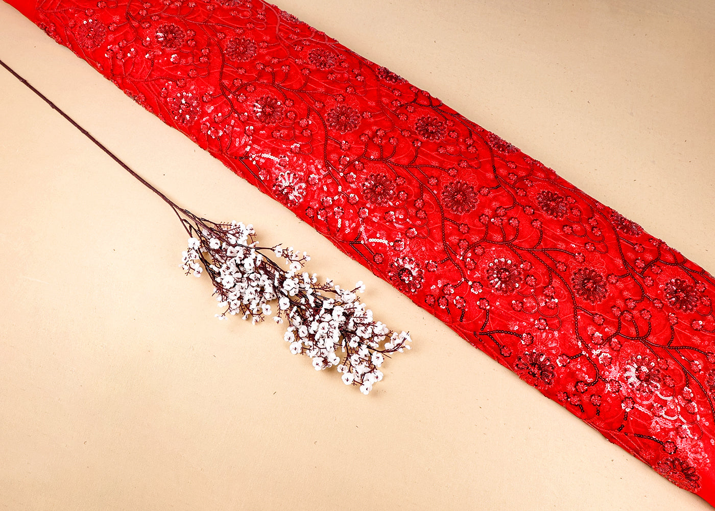 Red Imported Net Fabric With All Over Sequins And Katdana Work 16286