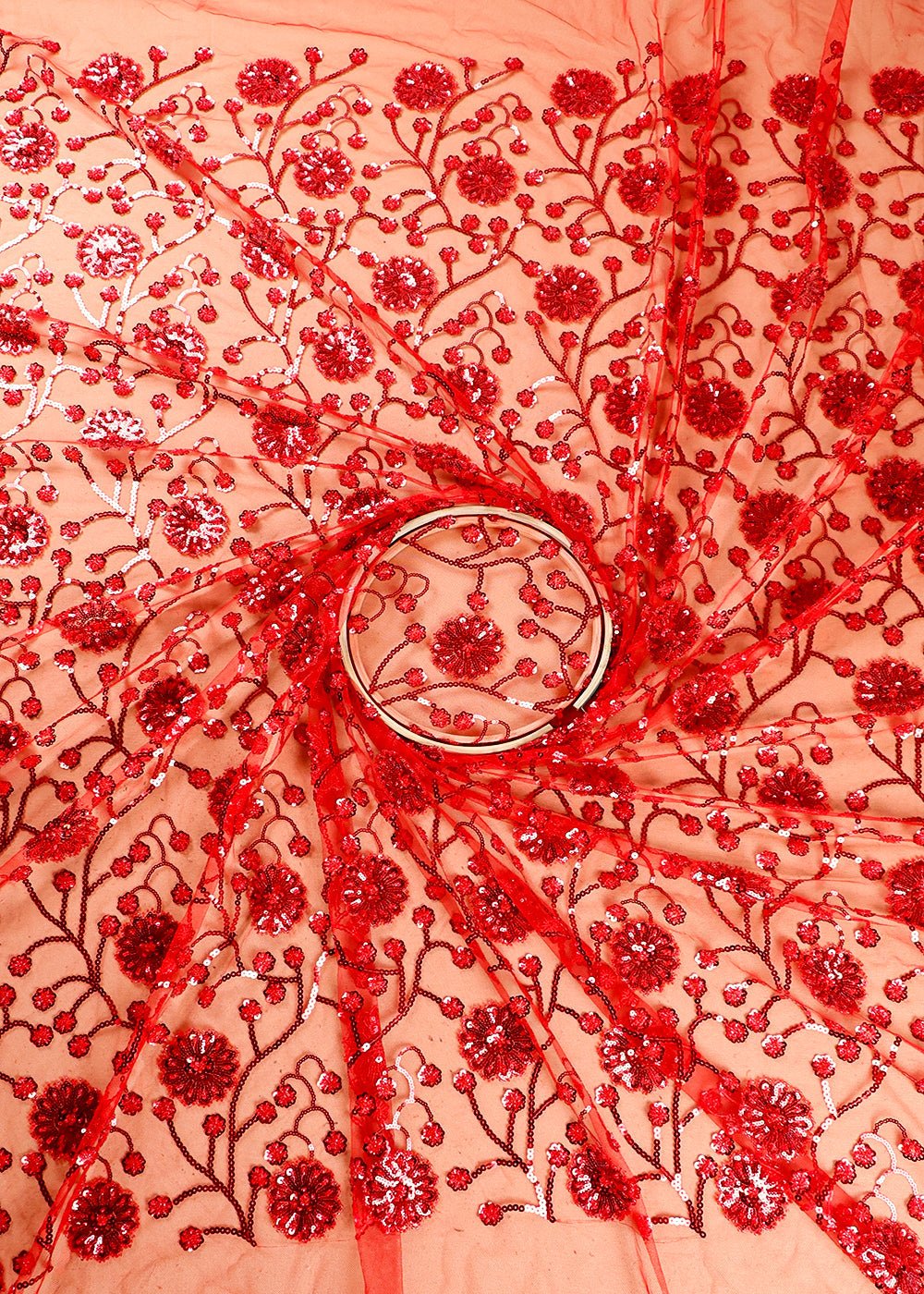 Red Imported Net Fabric With All Over Sequins And Katdana Work 16286