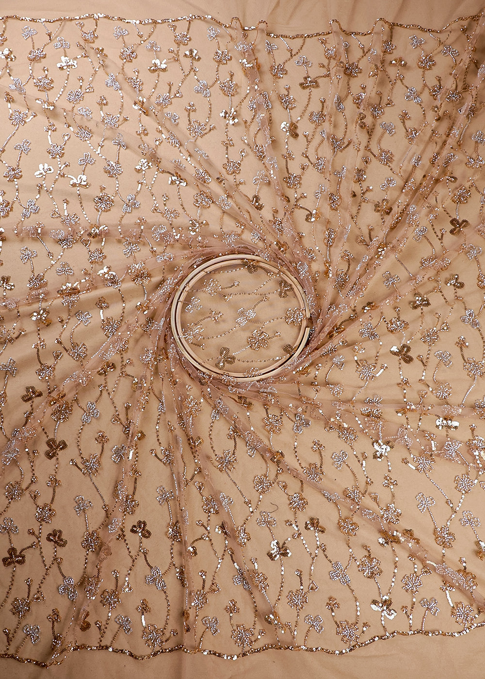 Gold Imported Net Fabric With All Over Sequins And Katdana Work 16287