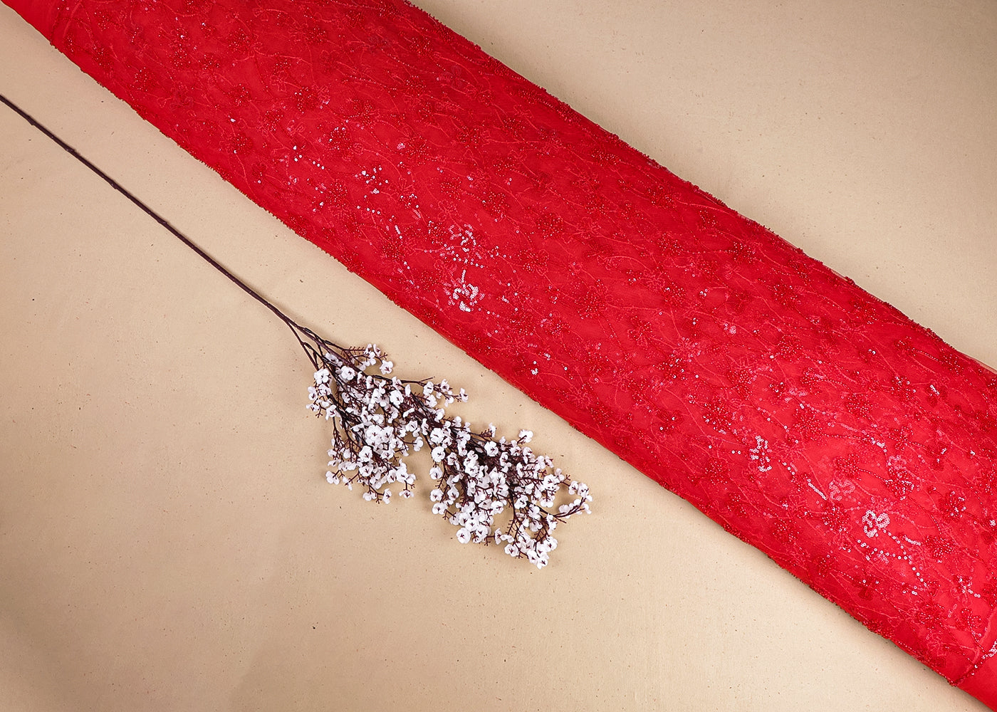 Red Imported Net Fabric With All Over Sequins And Katdana Work 16288