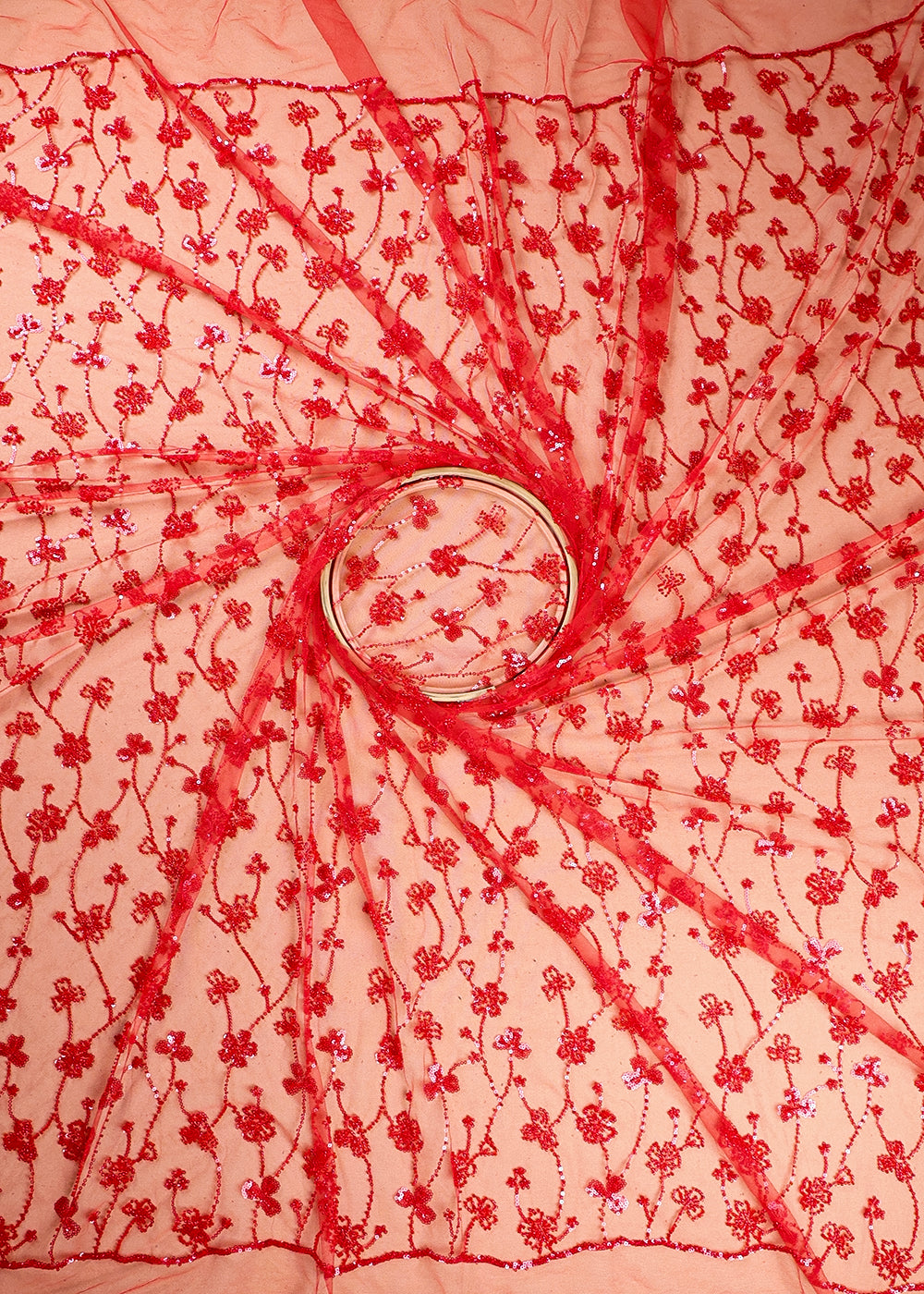 Red Imported Net Fabric With All Over Sequins And Katdana Work 16288