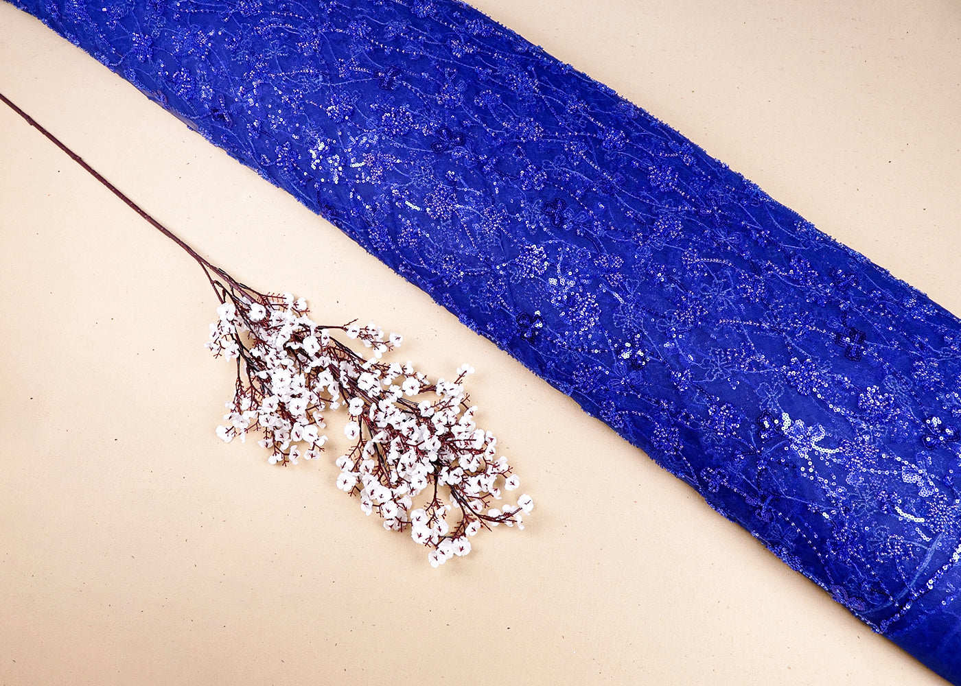 Royal Blue Imported Net Fabric With All Over Sequins And Katdana Work 16289