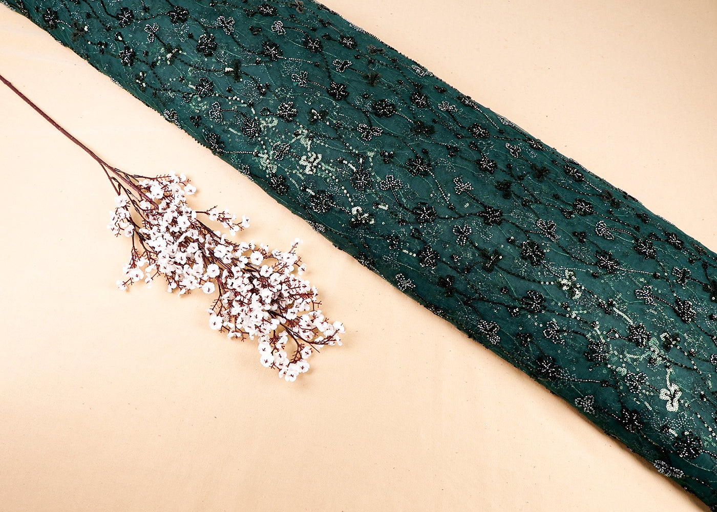 Bottle Green Imported Net Fabric With All Over Sequins And Katdana Work 16290