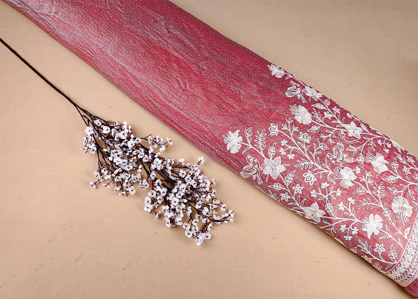 Coral Pink Silk Fabric With All Over Swarvoski Work With One Side Threadwork Border 16295