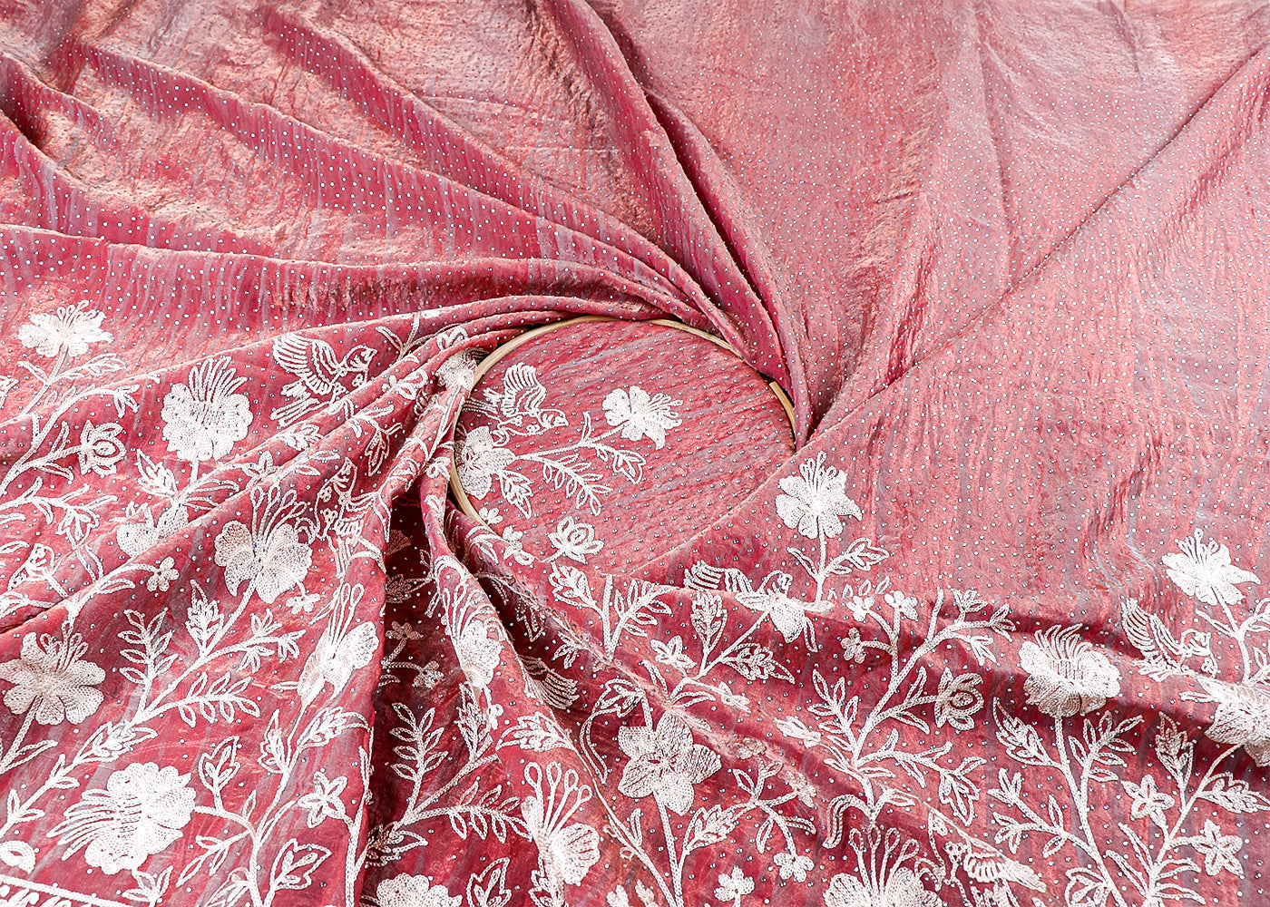 Coral Pink Silk Fabric With All Over Swarvoski Work With One Side Threadwork Border 16295