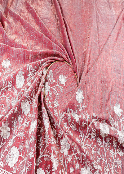 Coral Pink Silk Fabric With All Over Swarvoski Work With One Side Threadwork Border 16295