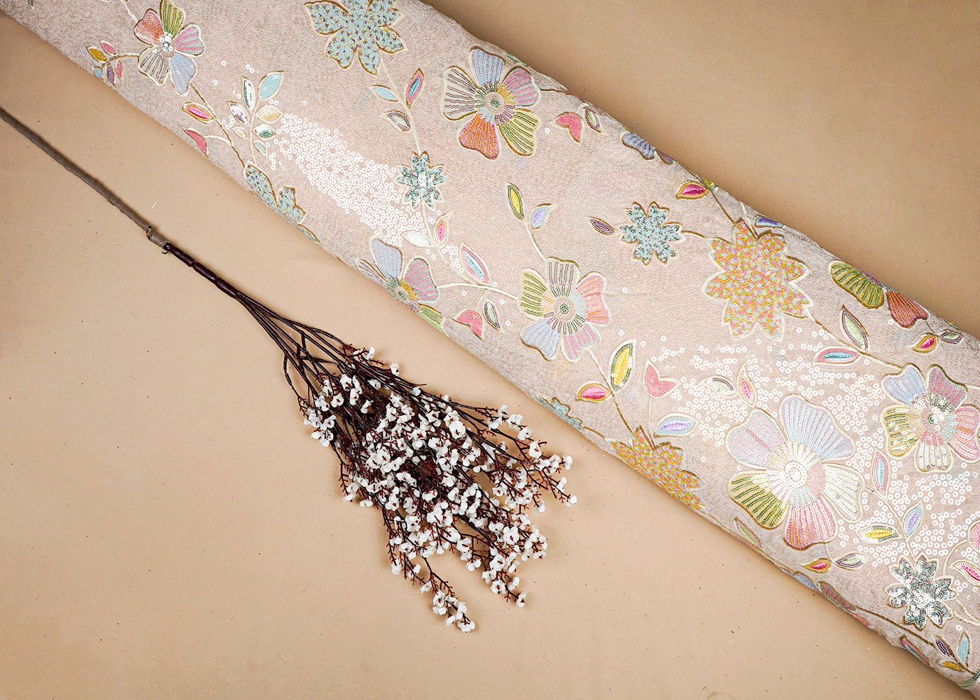 Light Peach Georgette Fabric With All Over Thread And Sequins Work With One Side Border 16296