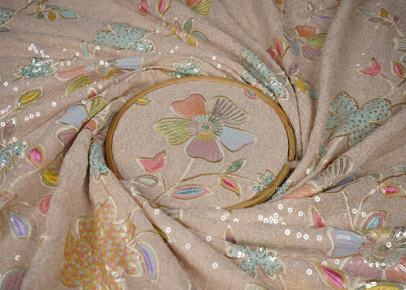 Light Peach Georgette Fabric With All Over Thread And Sequins Work With One Side Border 16296