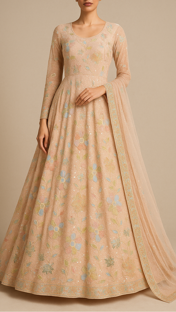 Light Peach Georgette Fabric With All Over Thread And Sequins Work 16296