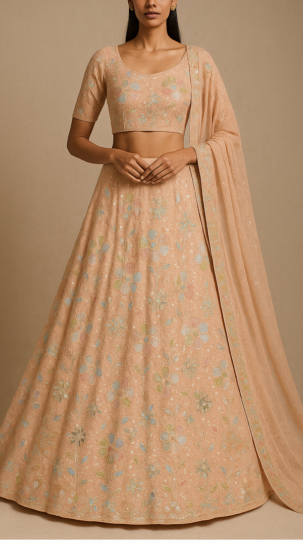 Light Peach Georgette Fabric With All Over Thread And Sequins Work 16296