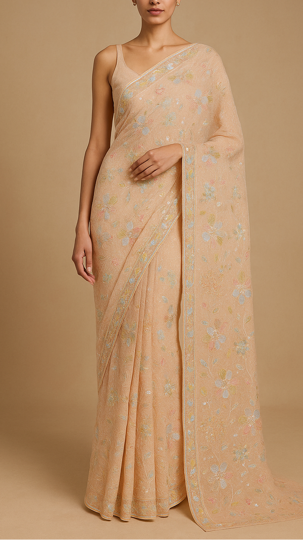 Light Peach Georgette Fabric With All Over Thread And Sequins Work 16296