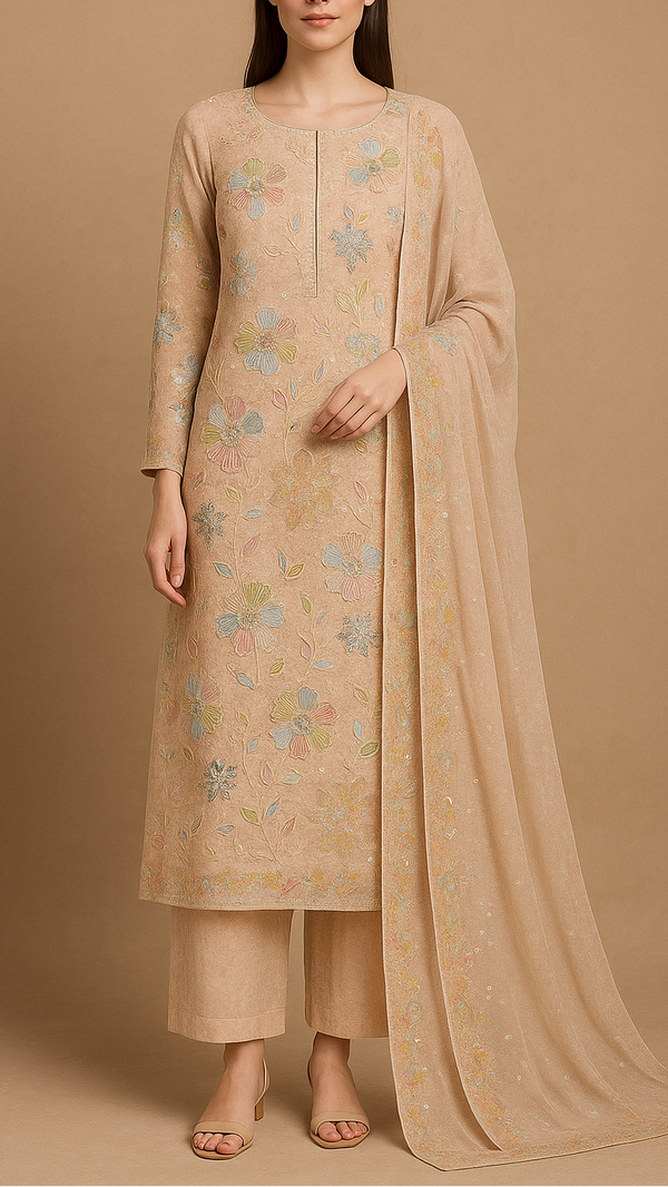 Light Peach Georgette Fabric With All Over Thread And Sequins Work 16296