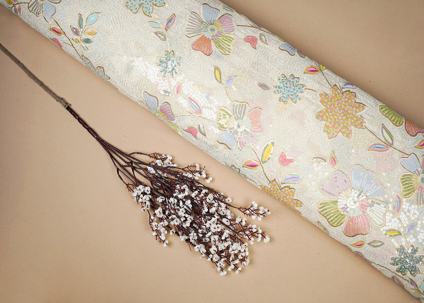 White Georgette Fabric With All Over Thread And Sequins Work With One Side Border 16297