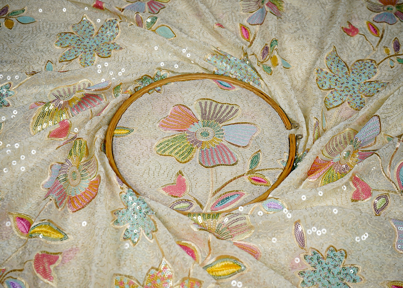 White Georgette Fabric With All Over Thread And Sequins Work With One Side Border 16297