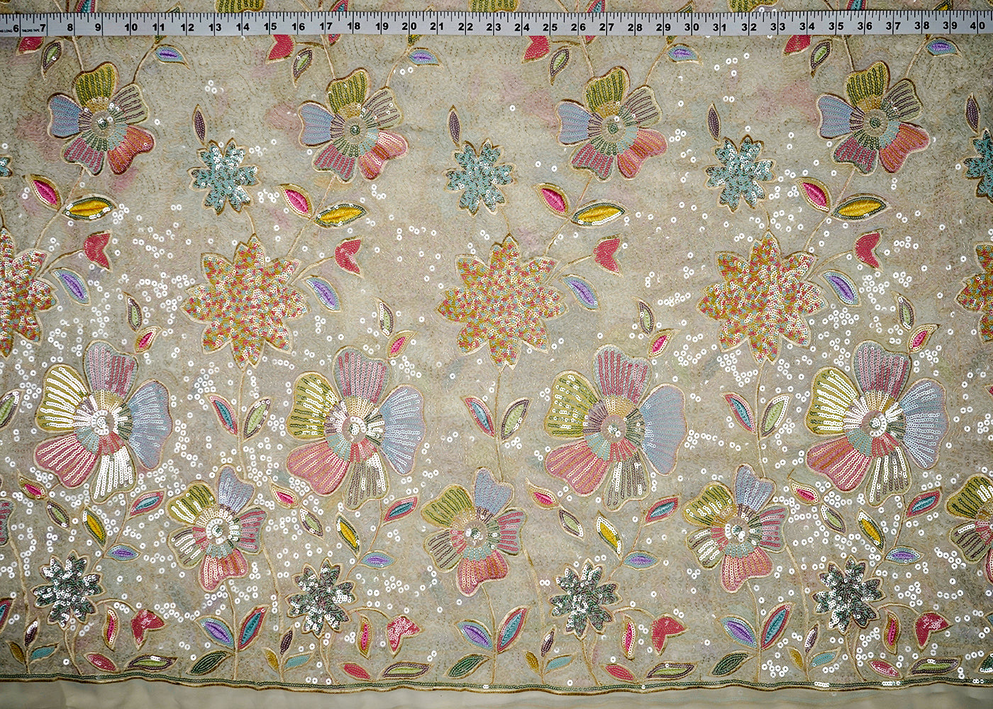White Georgette Fabric With All Over Thread And Sequins Work With One Side Border 16297