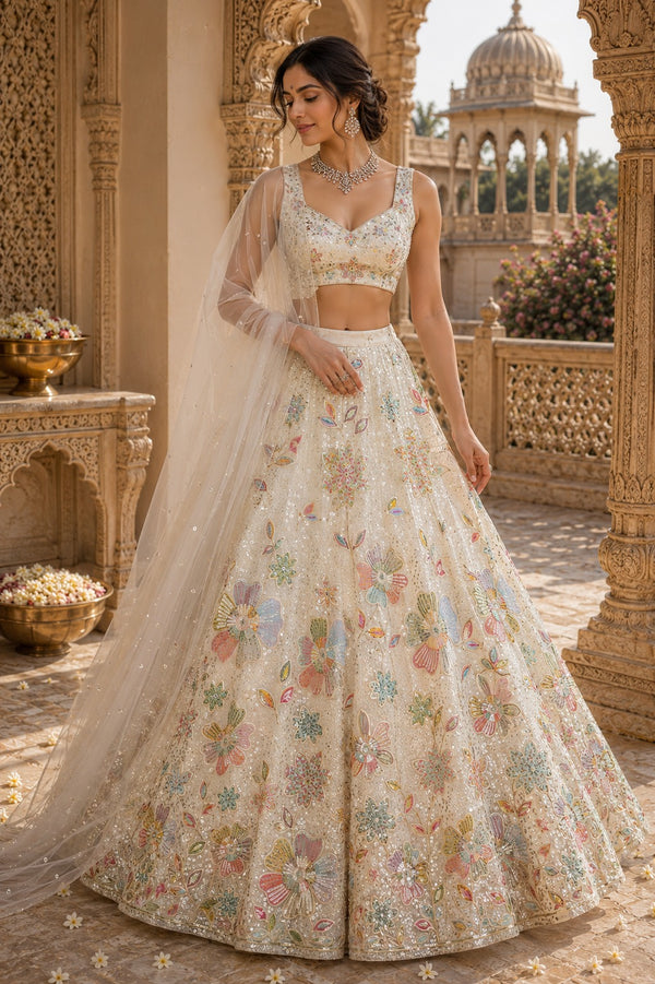 White Georgette Fabric With All Over Thread And Sequins Work With One Side Border 16297