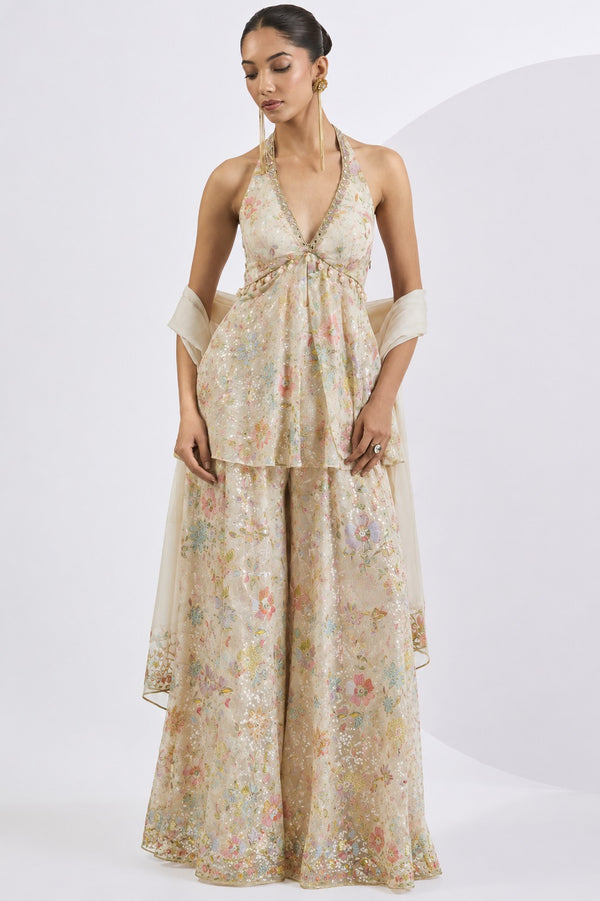 White Georgette Fabric With All Over Thread And Sequins Work With One Side Border 16297