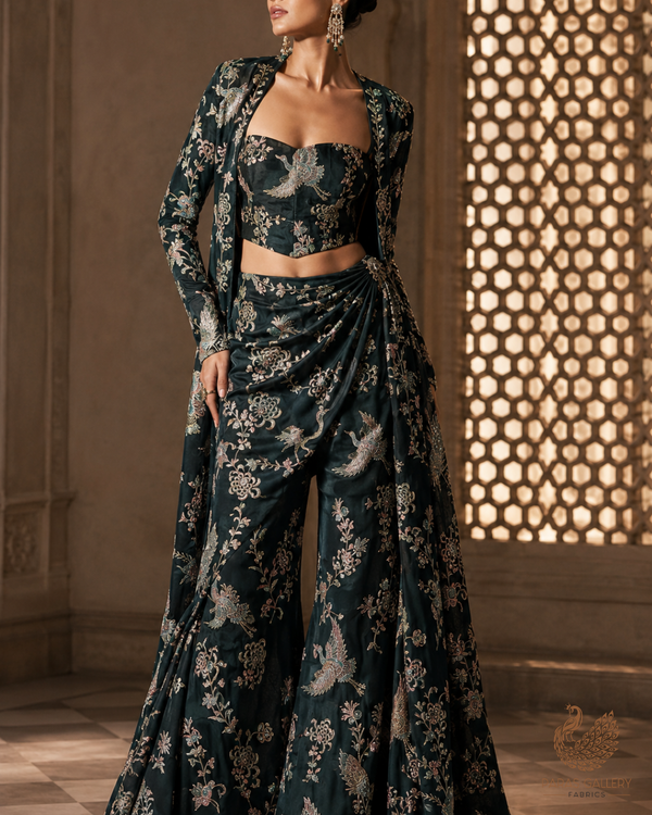 Bottle Green Silk Fabric With All Over Thread, Zari, Sequins And Swarvoski Work 16307