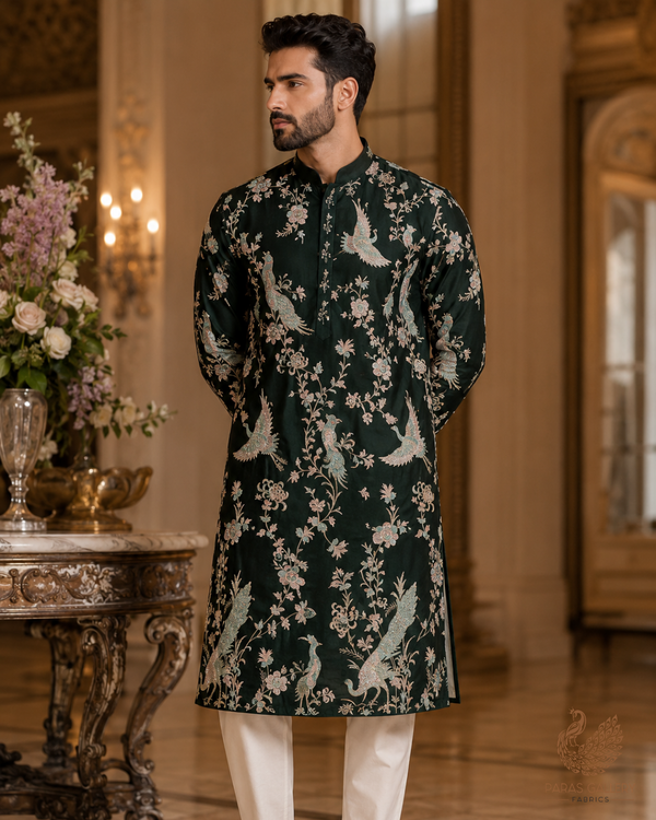 Bottle Green Silk Fabric With All Over Thread, Zari, Sequins And Swarvoski Work 16307
