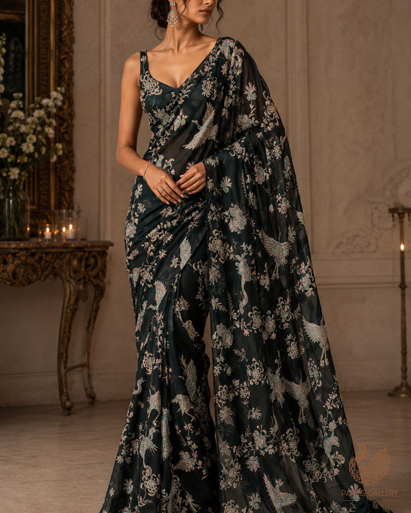 Bottle Green Silk Fabric With All Over Thread, Zari, Sequins And Swarvoski Work 16307