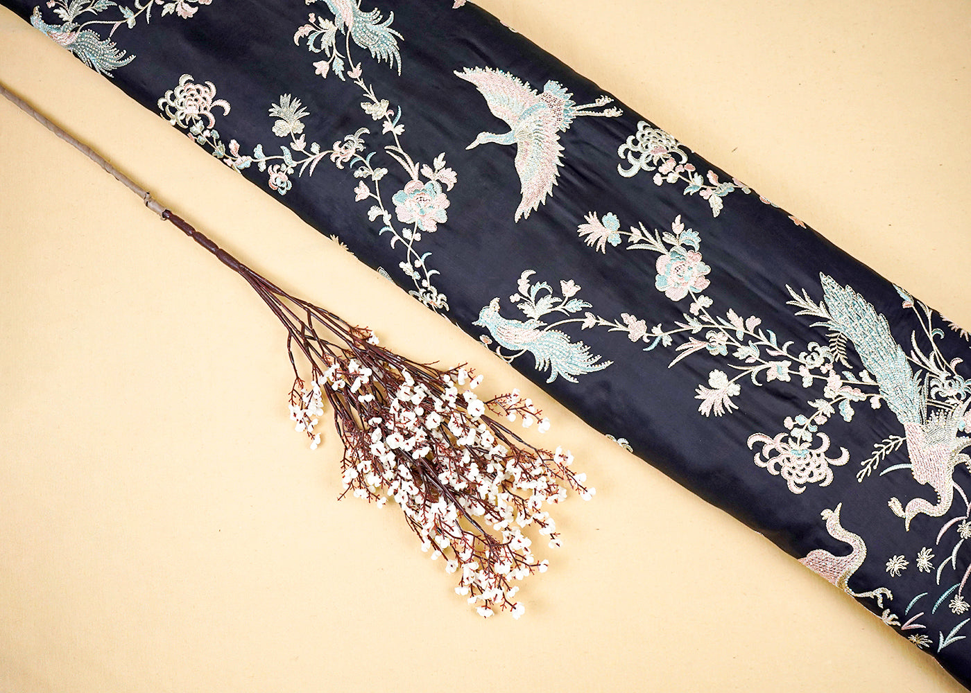 Navy Blue Silk Fabric With All Over Thread, Zari, Sequins And Swarvoski Work 16308