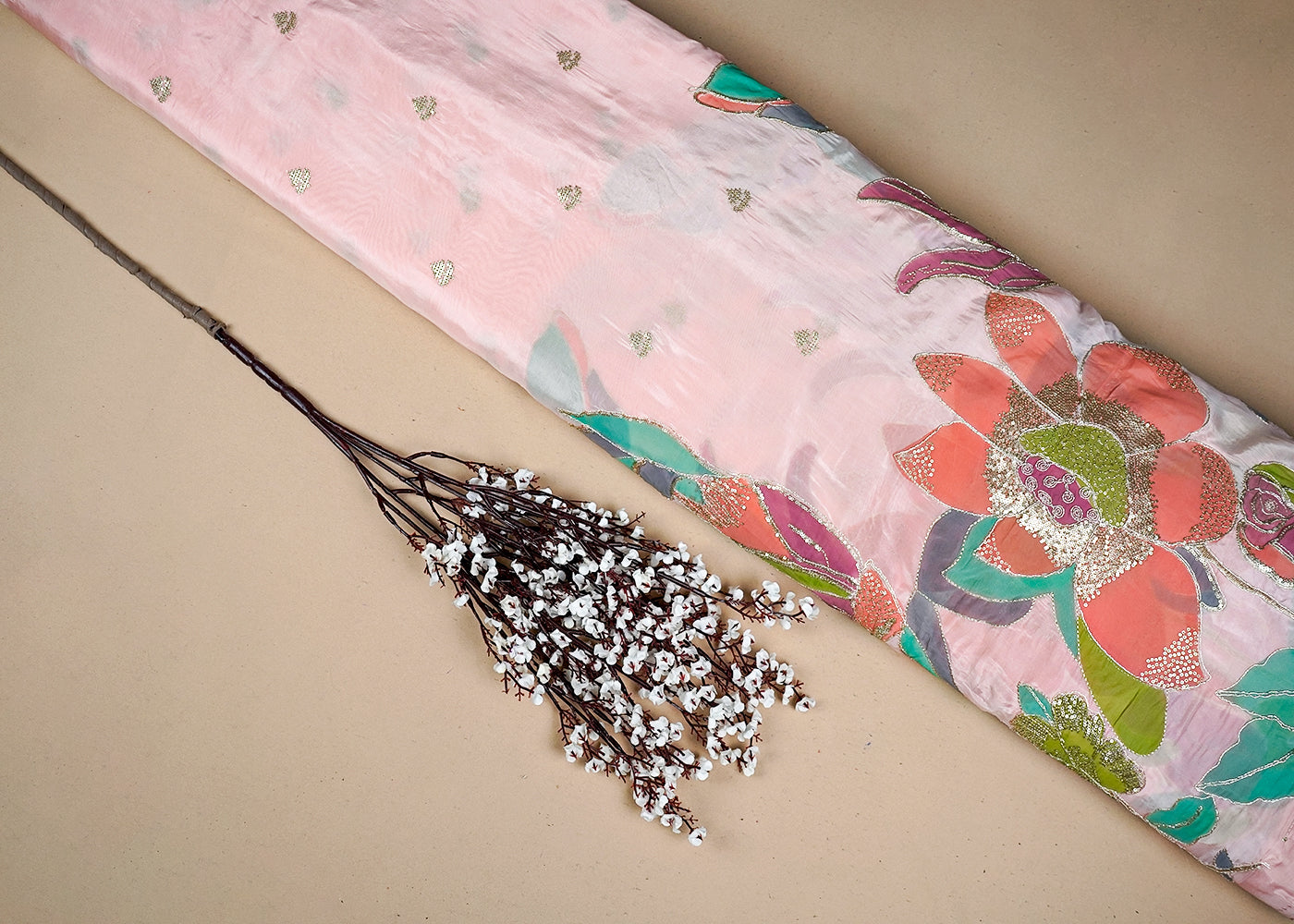Peach Silk Fabric With All Over Zari And Sequins Buti With One Side Heavy Border 16311