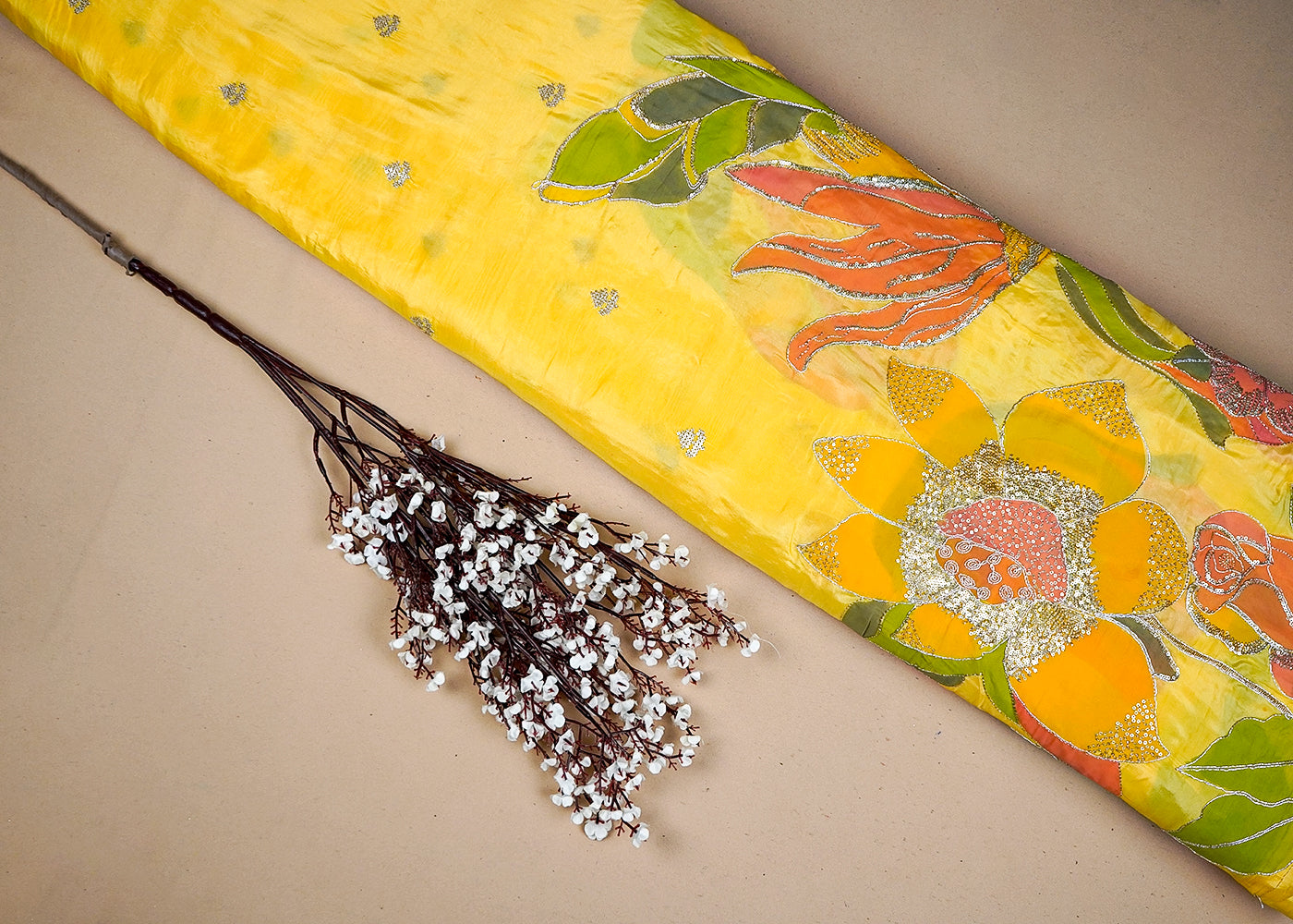 Yellow Silk Fabric With All Over Zari And Sequins Buti With One Side Heavy Border 16312