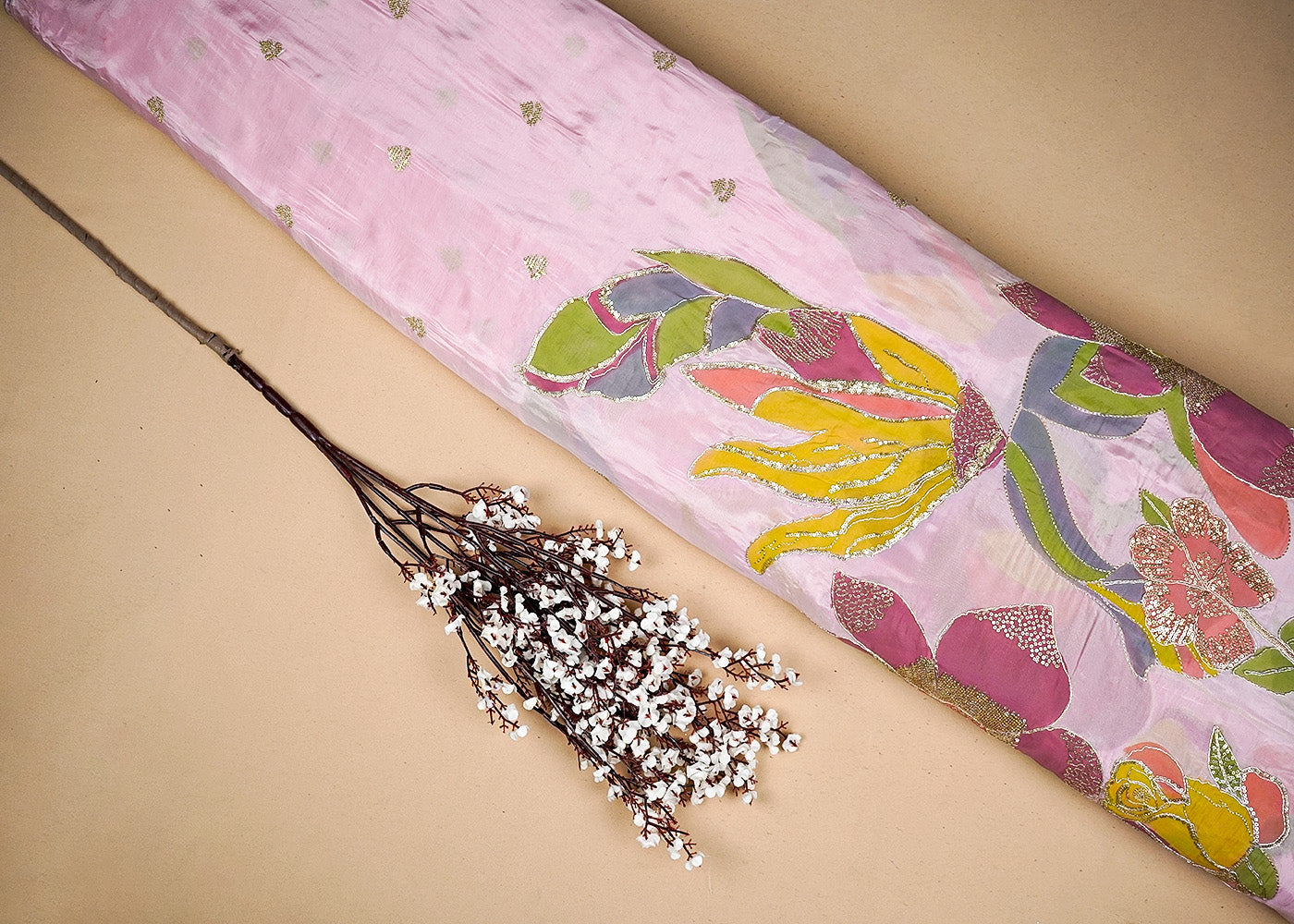 Onion Pink Silk Fabric With All Over Zari And Sequins Buti With One Side Heavy Border 16313