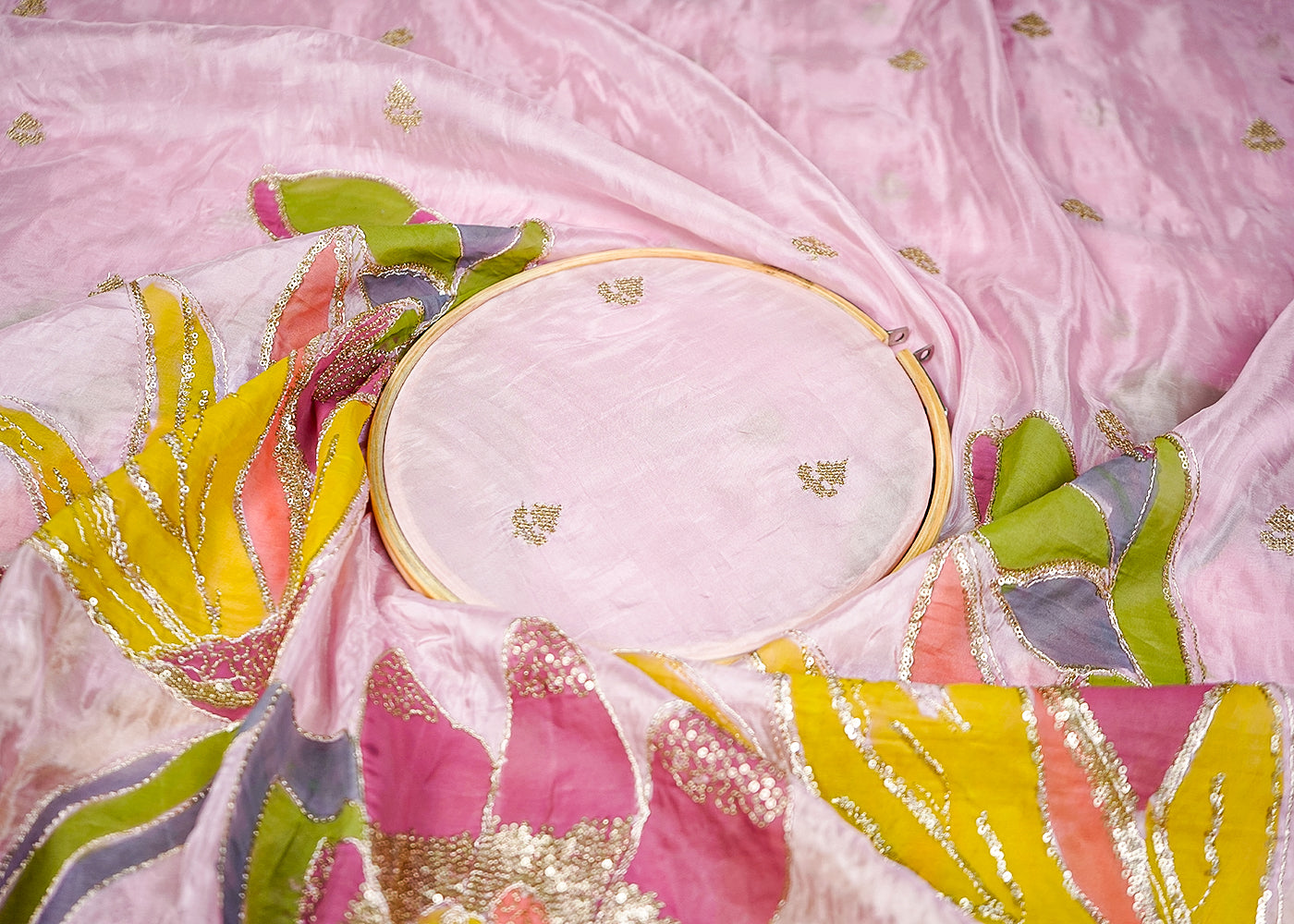 Onion Pink Silk Fabric With All Over Zari And Sequins Buti With One Side Heavy Border 16313