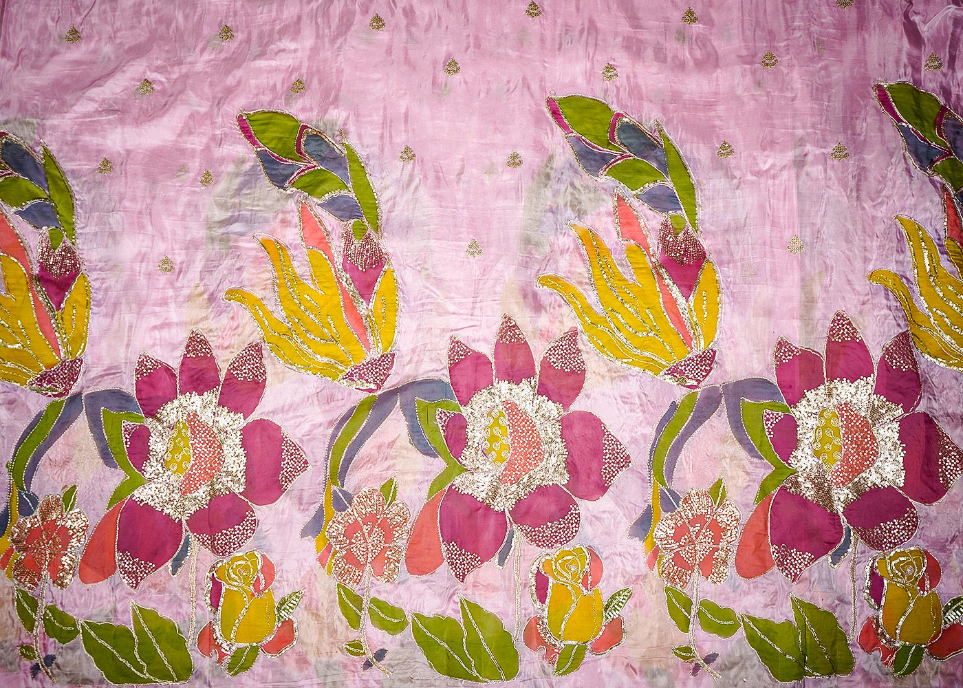 Onion Pink Silk Fabric With All Over Zari And Sequins Buti With One Side Heavy Border 16313