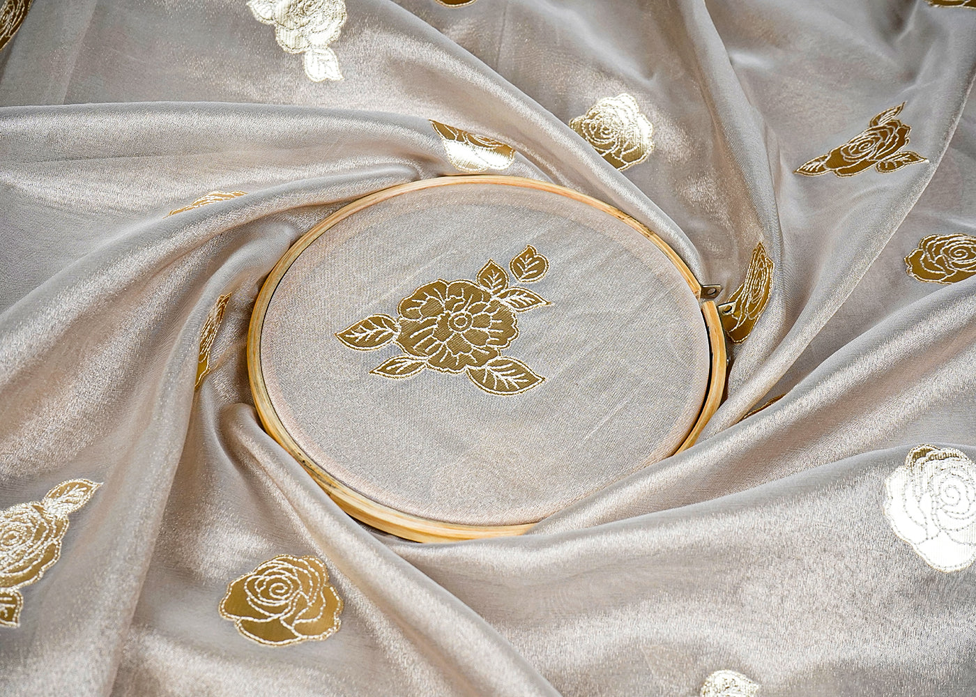 Golden Tissue Fabric With All Over Gotapatti And Thread Work 16314