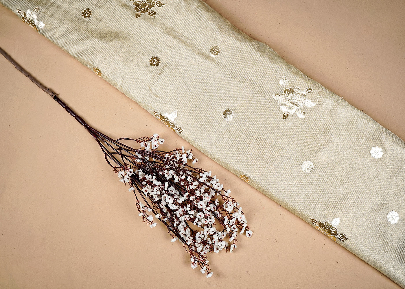 Golden Tissue Fabric With All Over Gotapatti And Thread Work With Stripes Base 16315