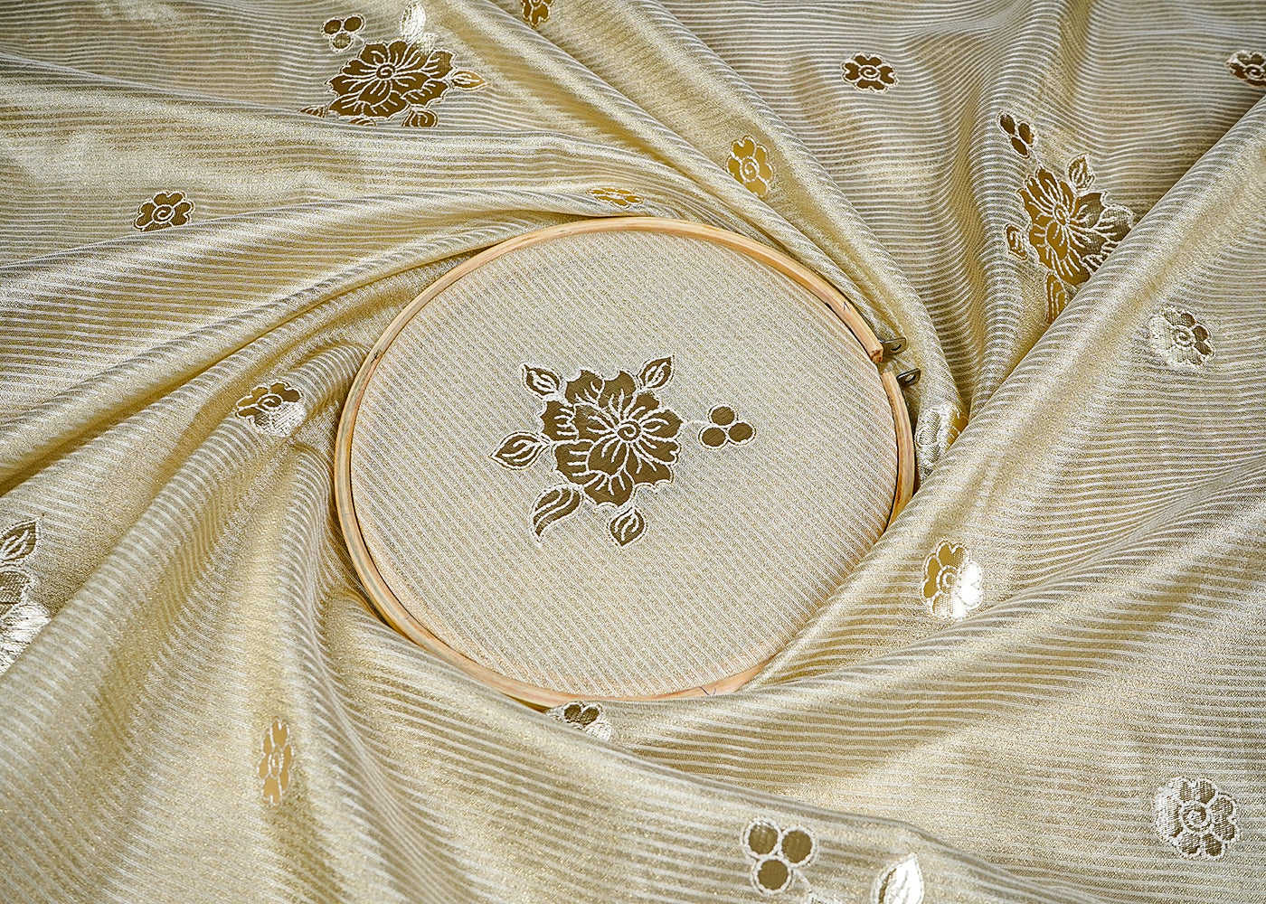 Golden Tissue Fabric With All Over Gotapatti And Thread Work With Stripes Base 16315