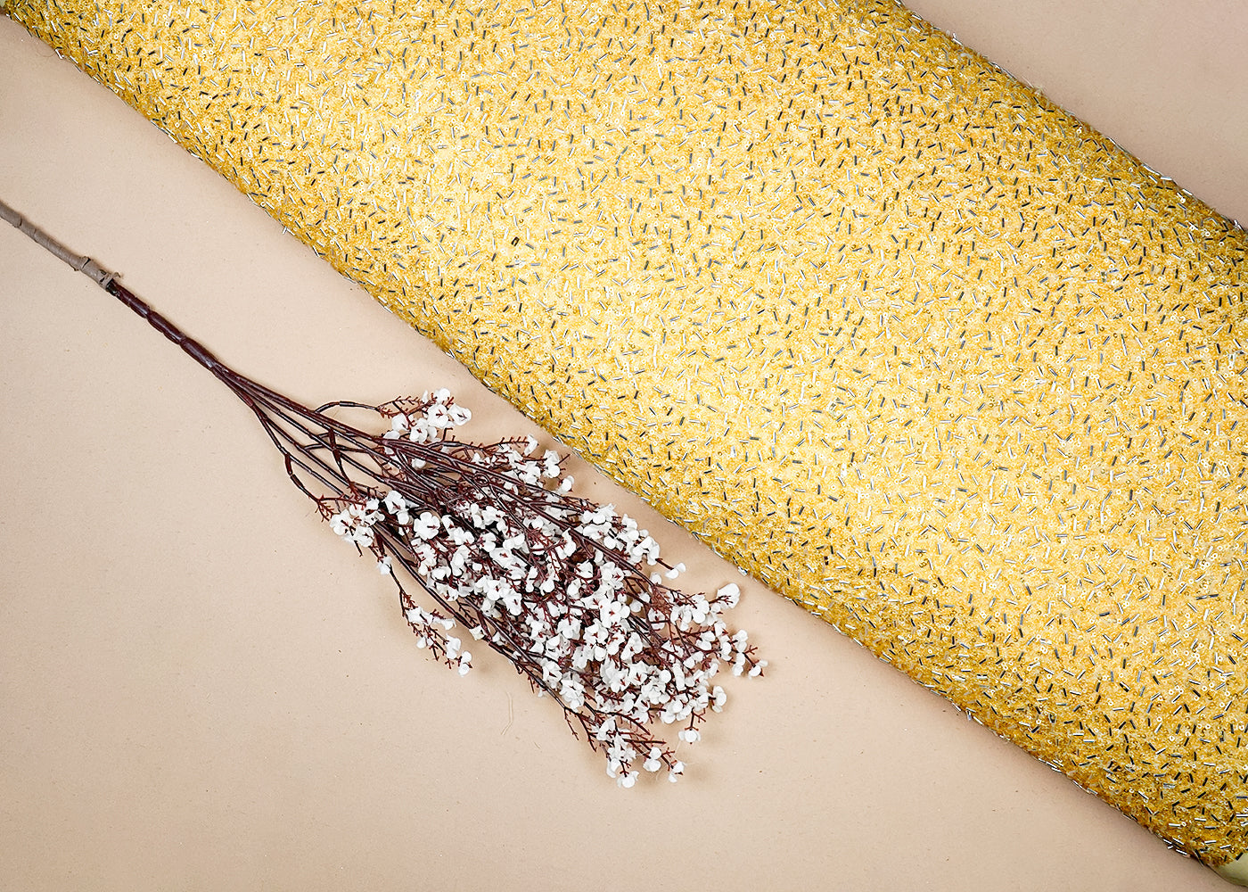 Pastel Yellow Georgette Fabric With All Over Bead And Sequins Work 16317