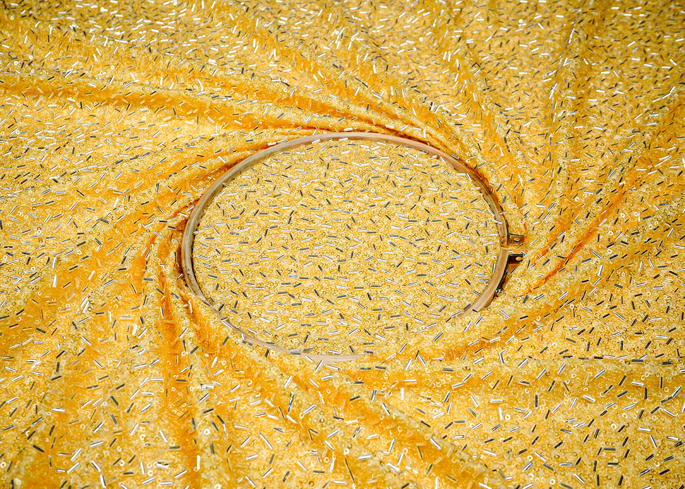 Pastel Yellow Georgette Fabric With All Over Bead And Sequins Work 16317